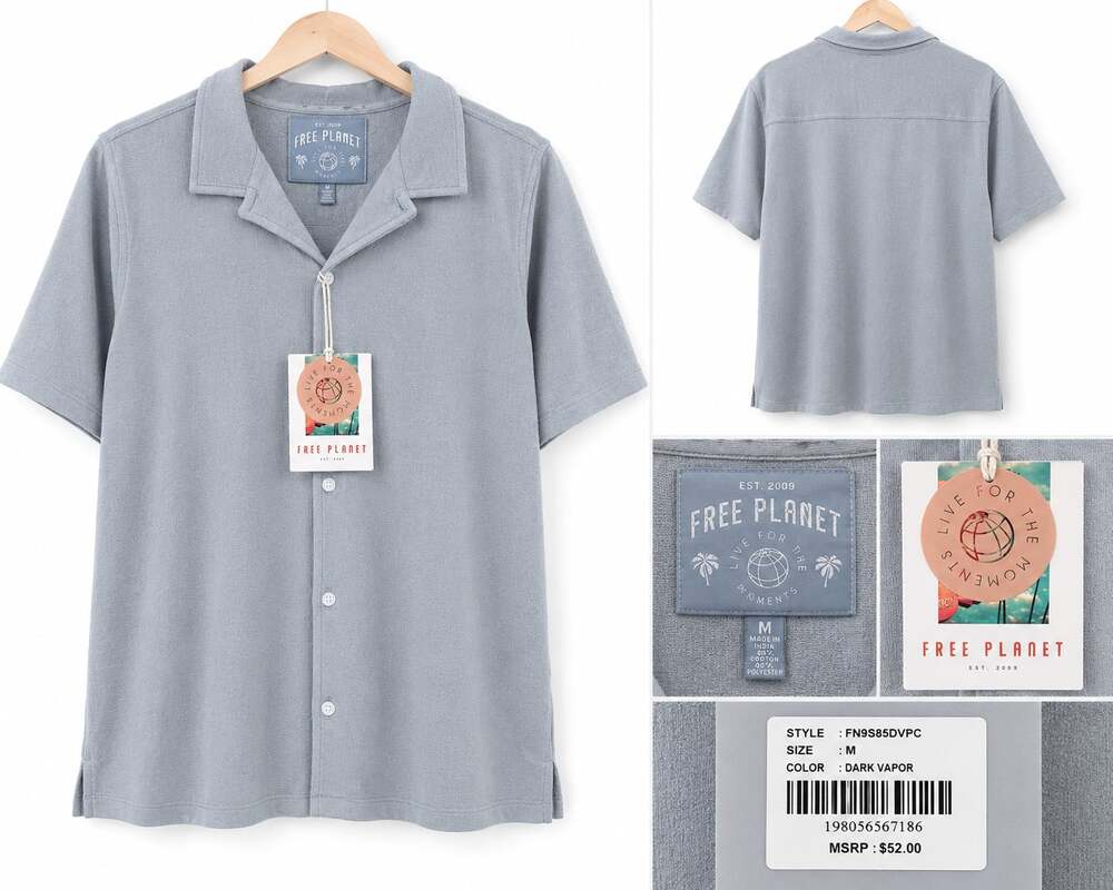 Free Planet Men's Short Sleeve Button-Up Shirt Dark Vapor Solid Collared M